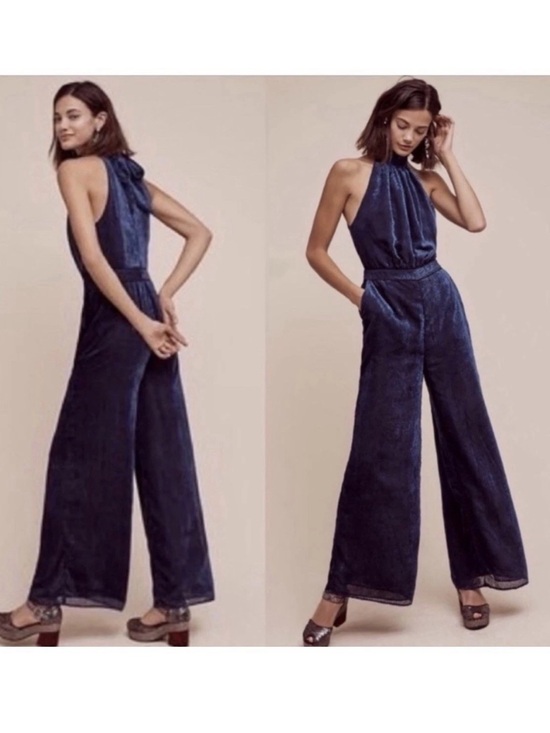 elevenses Pants - ANTHROPOLOGIE ELEVENSES Nova Velvet Halter Jumpsuit Blue Formal 12